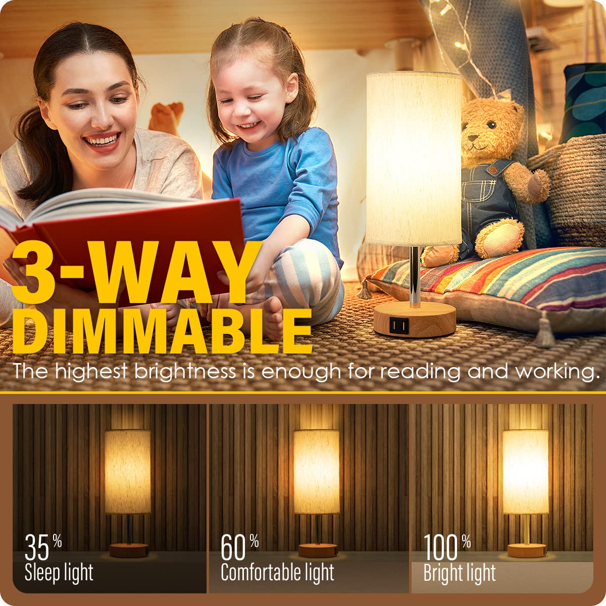 Yarra-Decor Bedside Table Lamp with USB Port - Touch Control for Bedroom Wood 3 Way Dimmable Nightstand Lamp with Round Flaxen Fabric Shade for Living Room, Dorm, Home Office (LED Bulb Included) Yarra-Decor