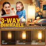 Yarra-Decor Bedside Table Lamp with USB Port - Touch Control for Bedroom Wood 3 Way Dimmable Nightstand Lamp with Round Flaxen Fabric Shade for Living Room, Dorm, Home Office (LED Bulb Included) Yarra-Decor