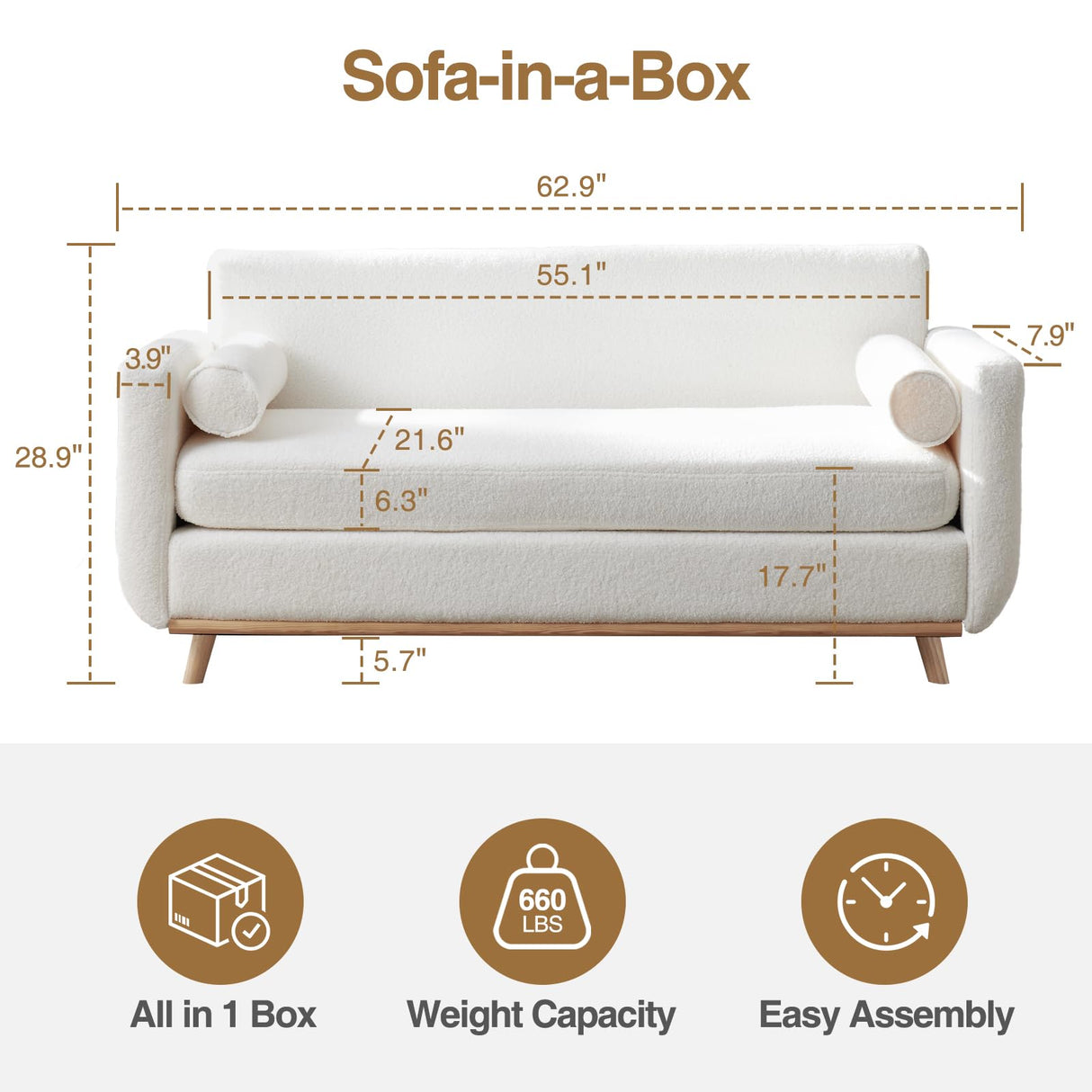 Halitaa 65" Sherpa Loveseat Sofa, Modern Love Seat Mini Boucle Couch for Living Room Bedroom, 2 Seater Small Comfy Sofa Couch for Home Office Small Spaces, White Halitaa