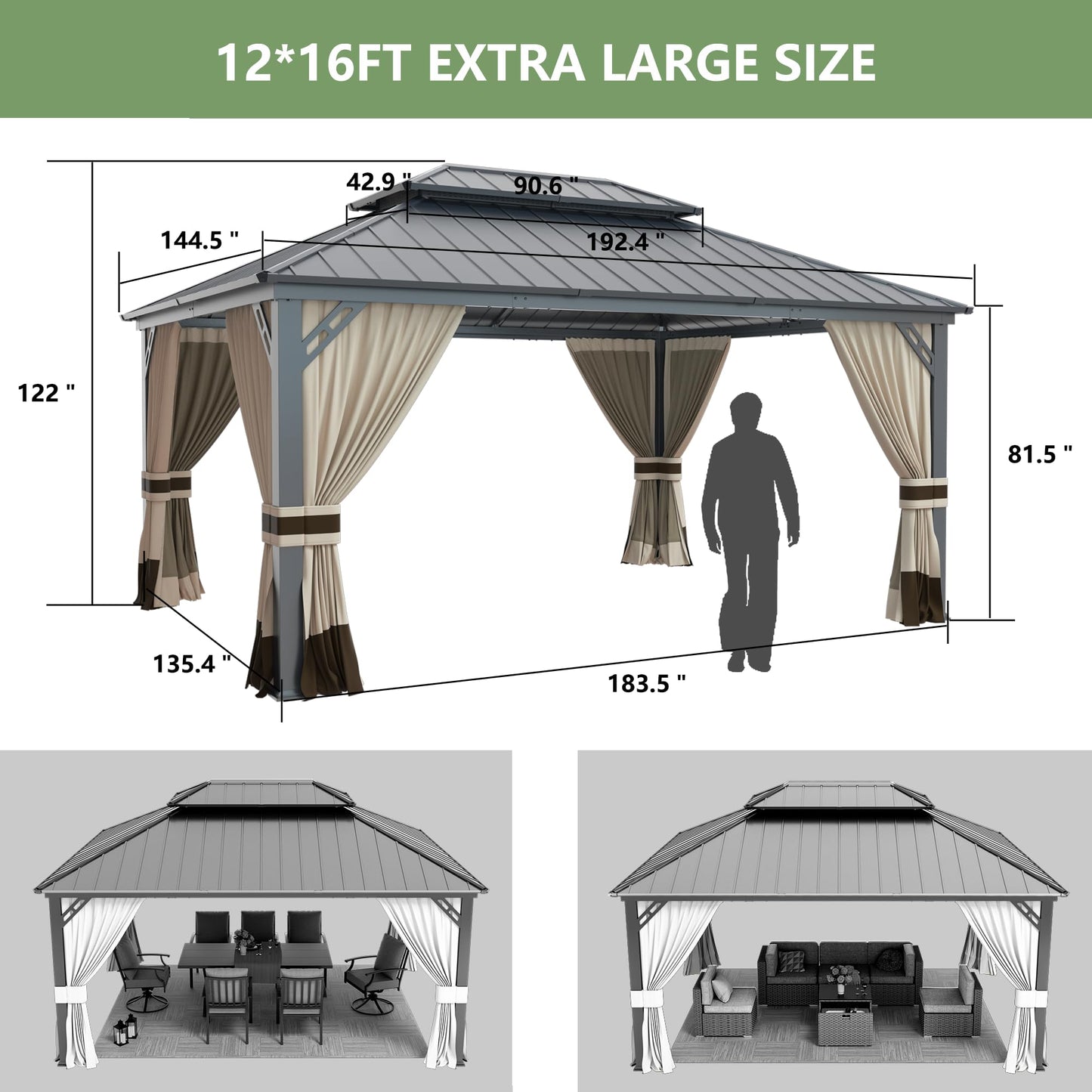 12' x 16' Hardtop Gazebo,Outdoor Galvanized Steel Metal Double Roof Gazebo with Curtains and Netting for Patios, Gardens, Lawns,Khaki