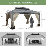 12' x 16' Hardtop Gazebo,Outdoor Galvanized Steel Metal Double Roof Gazebo with Curtains and Netting for Patios, Gardens, Lawns,Khaki Kullavik