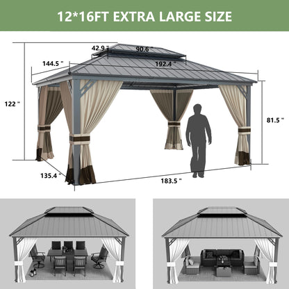 12' x 16' Hardtop Gazebo,Outdoor Galvanized Steel Metal Double Roof Gazebo with Curtains and Netting for Patios, Gardens, Lawns,Khaki