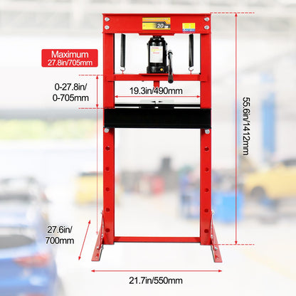 20 Ton Hydraulic Shop Press - Adjustable H-Frame Garage Floor & Benchtop Press with Removable Support Levers and Press Plates - Heavy Duty Red Hydraulic Press for Metalworking, Bending, Stamp - WoodArtSupply