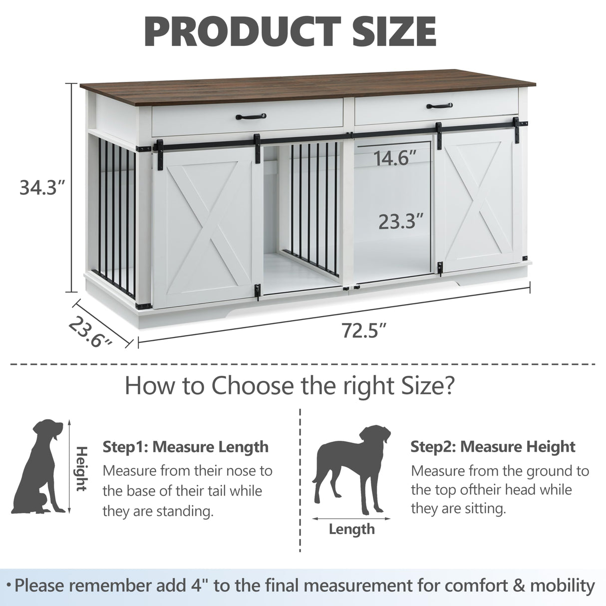 72.5" Extra Large Furniture Style Double Dog Crates for Large Breeds, XXL Wooden Dog Kennel Furniture with Drawers, Divider, Water Resistant & Barn Door for 2 Dogs, White EDYO LIVING