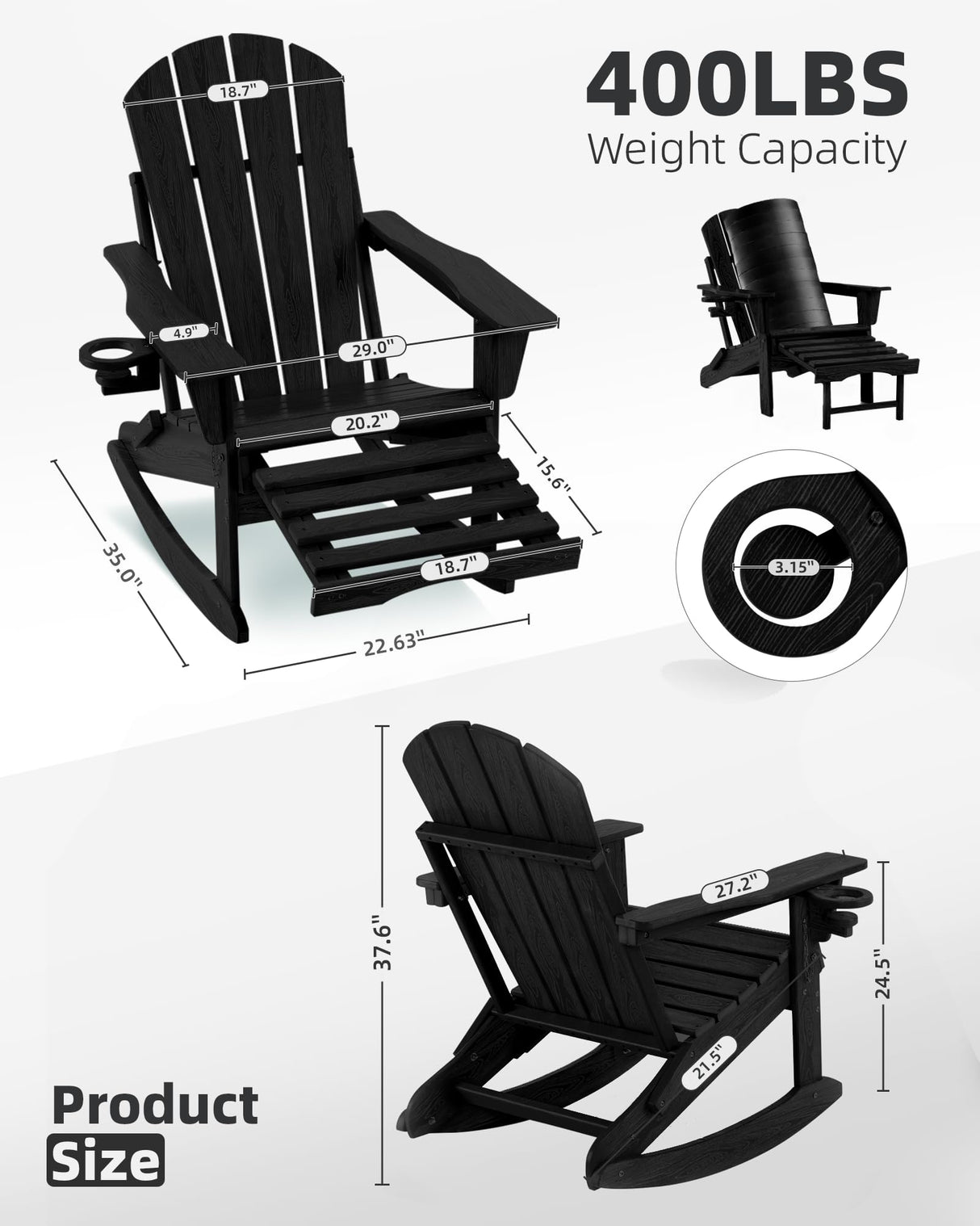 Serique 4-in-1 Multifunctional Folding Adirondack Rocking Chair, Patio Chair with Retractable Ottoman, Outdoor Chair Wood Texture, Lawn Chair for Porch, Backyard, Pool(Black) Serique