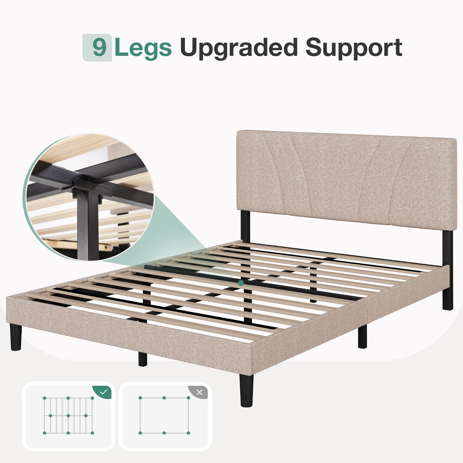 Novilla Adjustable Queen Bed Frame with Linen Upholstered Headboard and Wooden Slat Support - WoodArtSupply