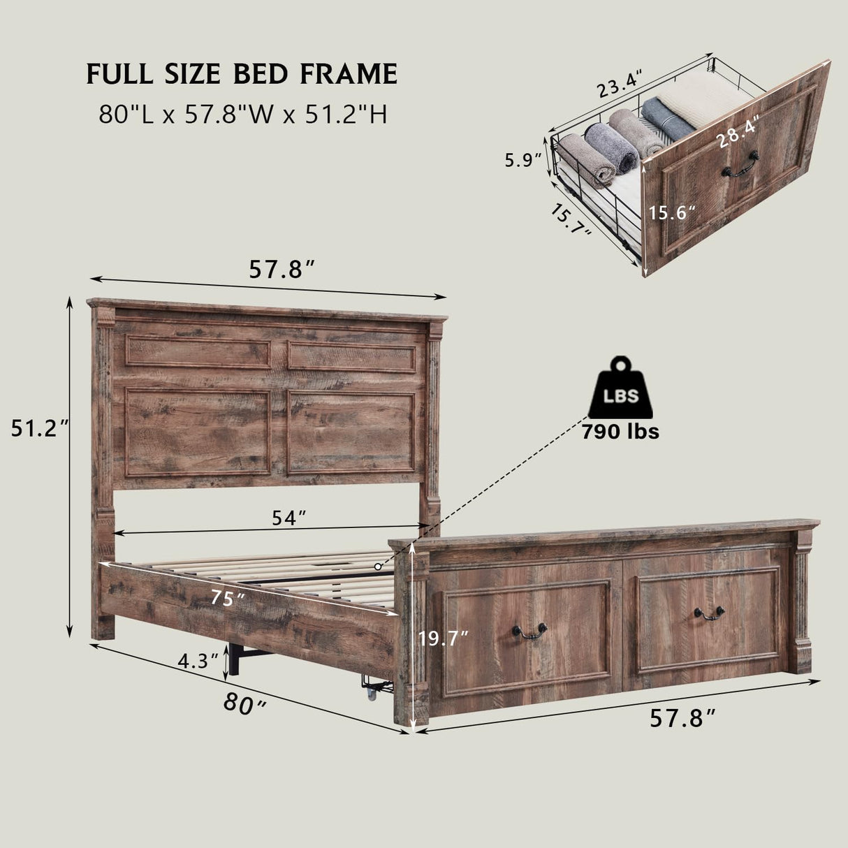 Aitjunz Farmhouse Full Size Bed Frame with 51" Tall Headboard, Wood Platform Bed Frame with 20" Tall Roman Column Decoration Footboard & 2 Large Storage Drawers, No Box Spring Needed (Light Brown) Aitjunz