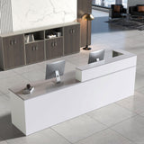 Nuipesn L Shape Reception Desk with Counter, Modern Front Desk Reception Counter with Keyboard Tray, Lockable Drawer and Storage Shelves for Office, Retail, Salon(White+Gray/Left, 63" L*24" W*39" H) Nuipesn