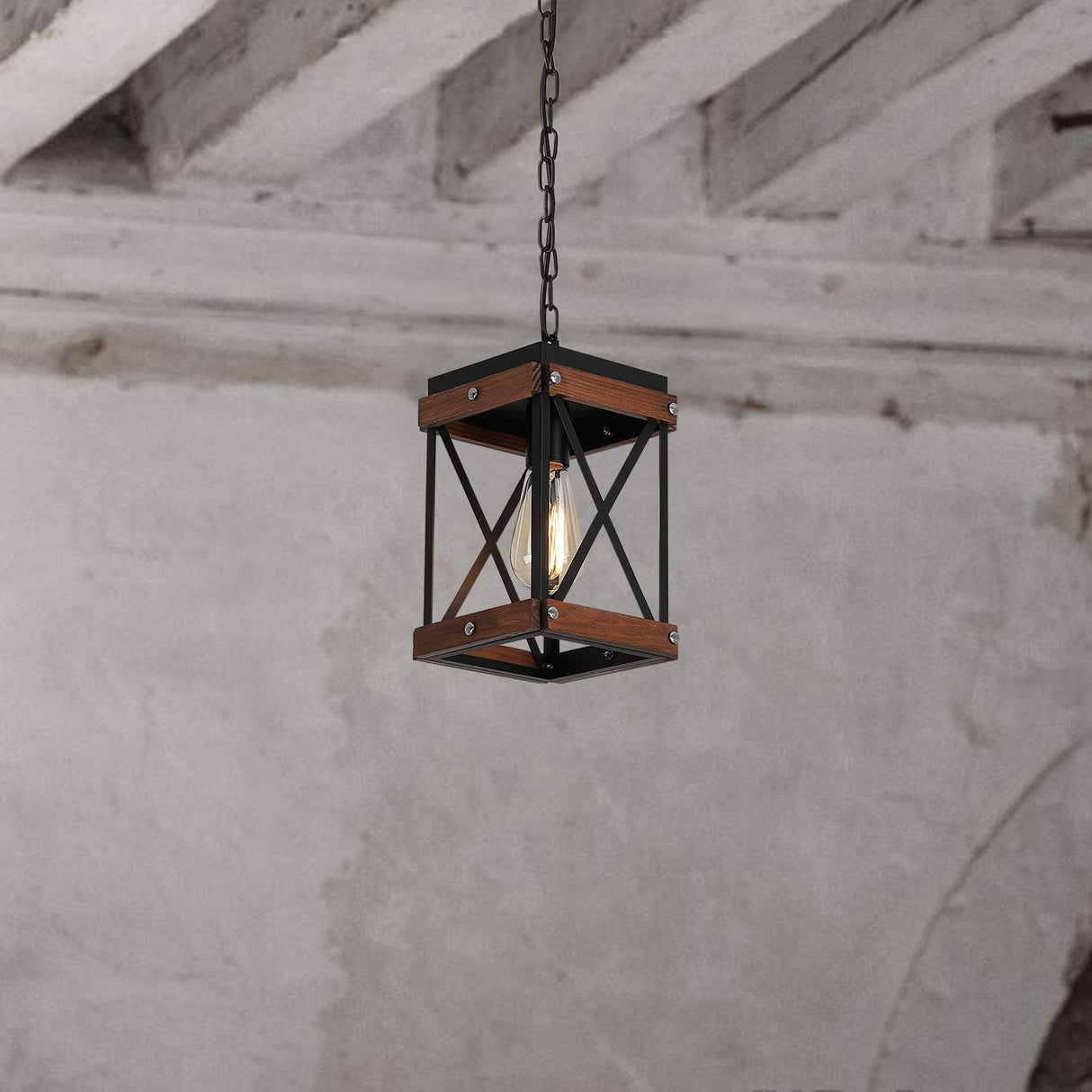 Fivess Lighting Rustic Farmhouse Pendant Light with Wood and Metal Cage, One-Light Adjustable Chains Industrial Mini Pendant Lighting Fixture for Kitchen Island Cafe Bar, Black Fivess Lighting