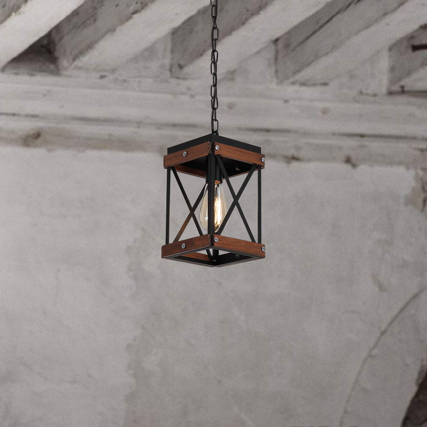 Fivess Lighting Rustic Farmhouse Pendant Light with Wood and Metal Cage, One-Light Adjustable Chains Industrial Mini Pendant Lighting Fixture for Kitchen Island Cafe Bar, Black - WoodArtSupply