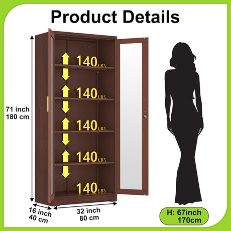 UNICOLY Storage Cabinet with Doors and Shelves, Display Cabinet with Glass Doors, Pantry Cabinet, Curio Cabinet with Locking Doors, Metal Storage Cabinet for Kitchen,Living Room 71” H Brown UNICOLY