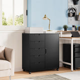 MIIIKO 5 Drawer Storage Cabinet with Door and Shelf, Mobile Lateral Cabinet on Wheels, Home Office Small Cabinet Organizer Printer Stand, Black File Cabinets MIIIKO