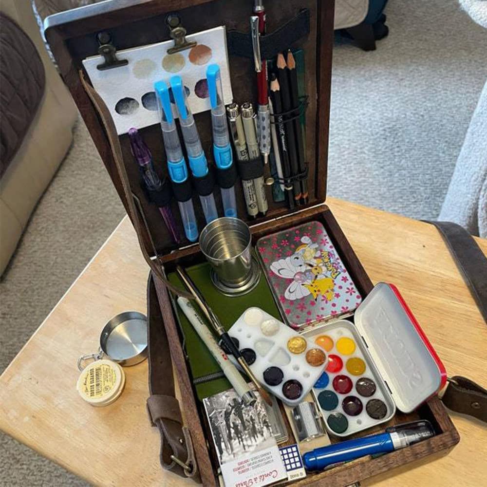 Writers Messenger Wood Box, Multifunctional Wooden Handmade Crossbody Postman Bag Portable Artist Tool Bag Painting Brush Tool Storage Sketch Box Bomeiqee