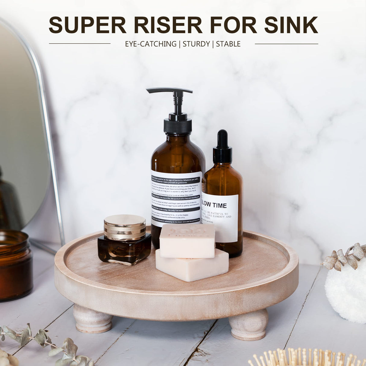 EOSAHR Farmhouse Wood Riser for Display : Decorative Pedestal Stand for Kitchen Counter and Home Decor - Elegant Round Waterproof Display Tray for Bathroom Soap, Sink, Vase (Natural Wood) EOSAHR