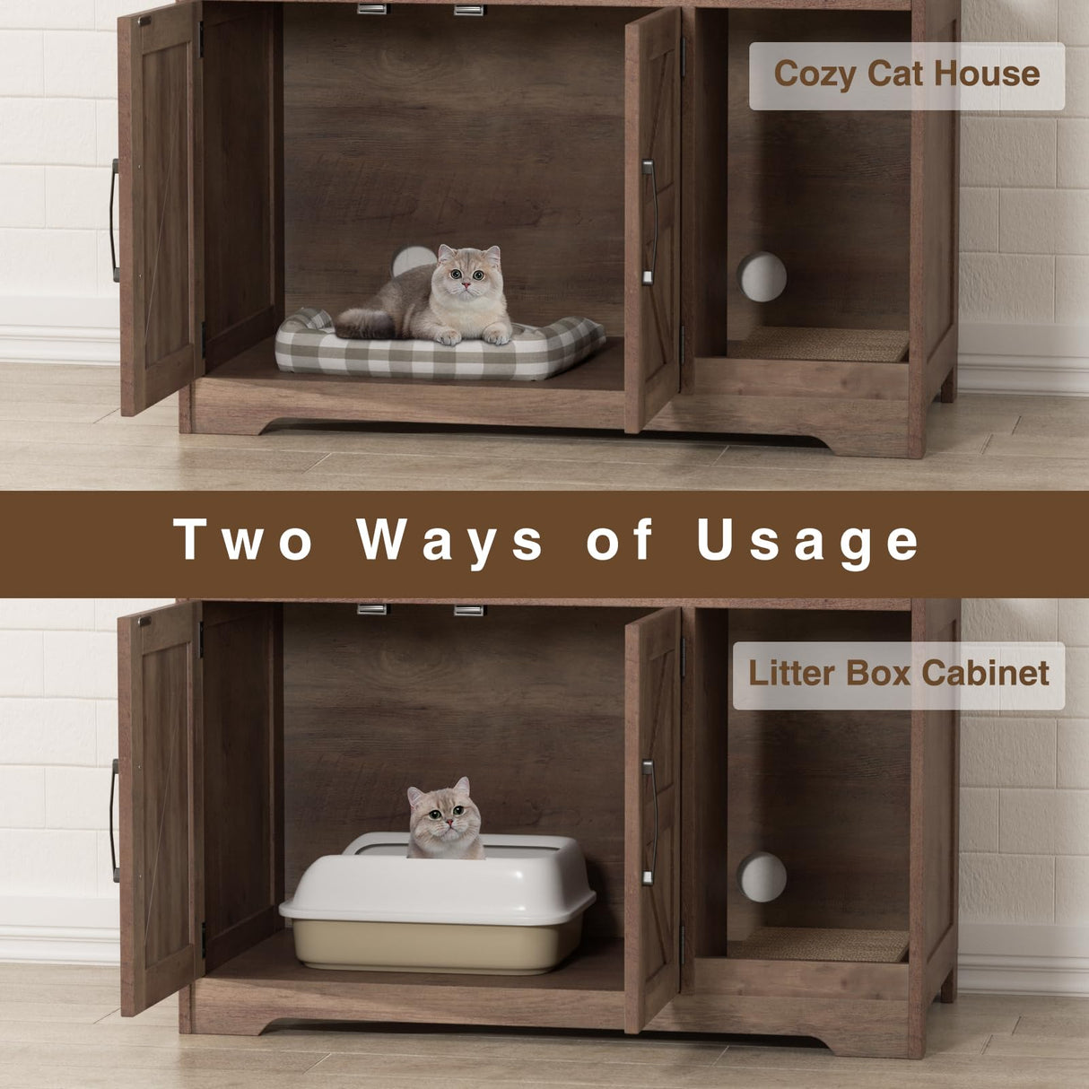 Halitaa Cat Litter Box Enclosure, Hidden Litter Box Furniture with Scratch Pad, Farmhouse Indoor Cat House Washroom End Table, Retro Brown Halitaa