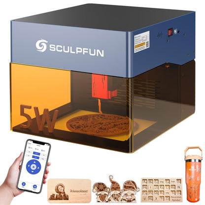 SCULPFUN iCube Pro 5000mW Mini Laser Engraver, Portable Laser Cutter 130x130mm Engraving Area Laser Engraving Machine with Smoke Filter - WoodArtSupply