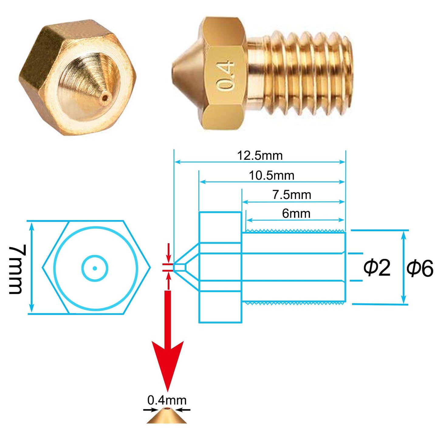 E3D Nozzles, ExcelFu M6 0.4mm Brass Nozzle Extruder Print Head for 1.75mm Filament E3D V5-V6 3D Printer, Pack of 20 - WoodArtSupply