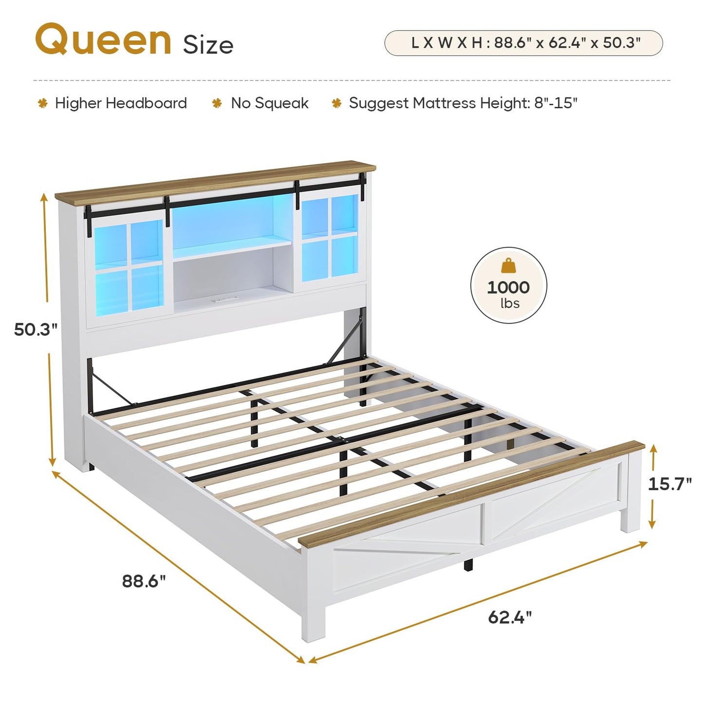 Farmhouse Bed Frame Queen Size with 50.39" Bookcase Storage Headboard, Wood Bed Frame Queen with LED Lights & Charging Station, Sliding Doors, Solid Wood Slats, No Box Spring Needed, Noise Fr - WoodArtSupply