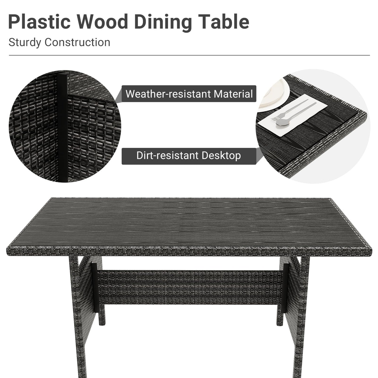 7 Piece Outdoor Patio Furniture Set with Plastic Wooden Table, Patio Rattan Conversationr Sofa Set, All Weather Sectional Rattan Sofa and Chairs, Garden, Porch, Poolside, Grey + Beige GAOMON