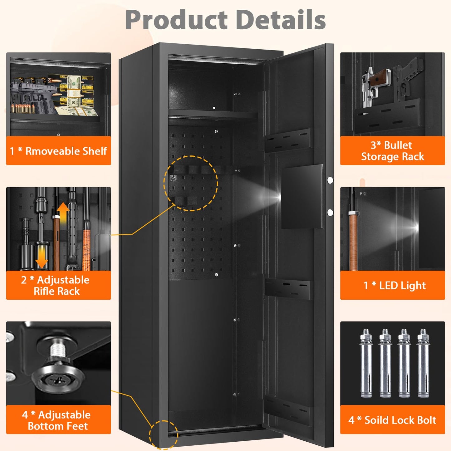 Nebakne [𝟐𝟎𝟐4𝐍𝐄𝐖] 51" 8 Fireproof Rifle Safe for Home USE, 70Lb Gun Safes for Home Rifles and Pistols, Anti-Theft Gun Safes for Rifles and Shotguns with 2 Adjustable Rifle Rack & Silent Mode