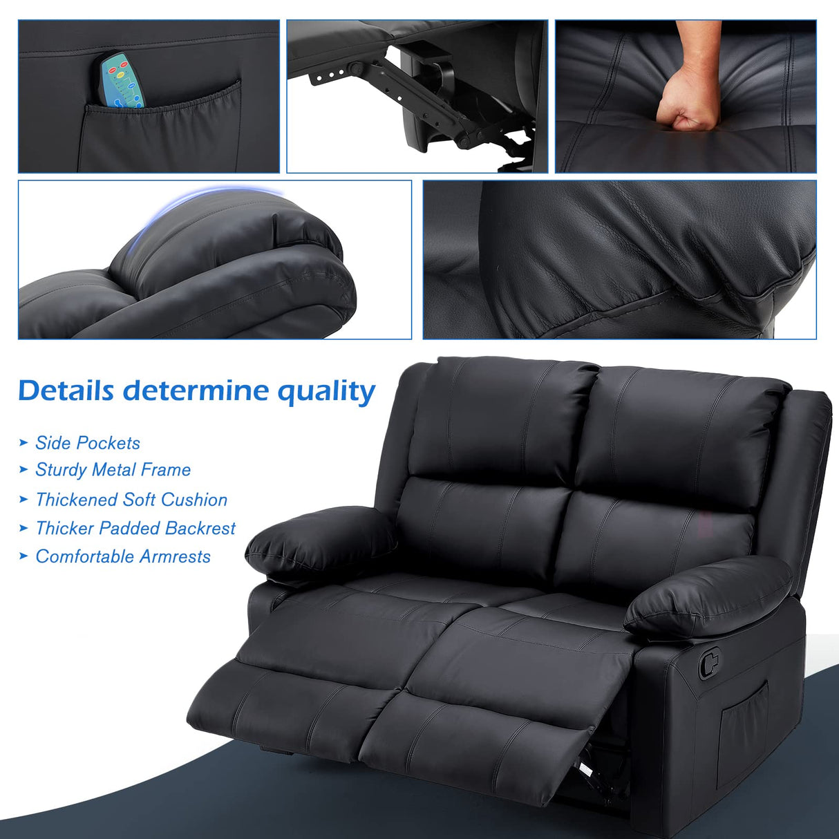 YODOLLA Home Theater Seating with Massage and Heat, RV Couch Wall-Hugger Reclining Sofa with Side Pockets for Living Room, Black YODOLLA