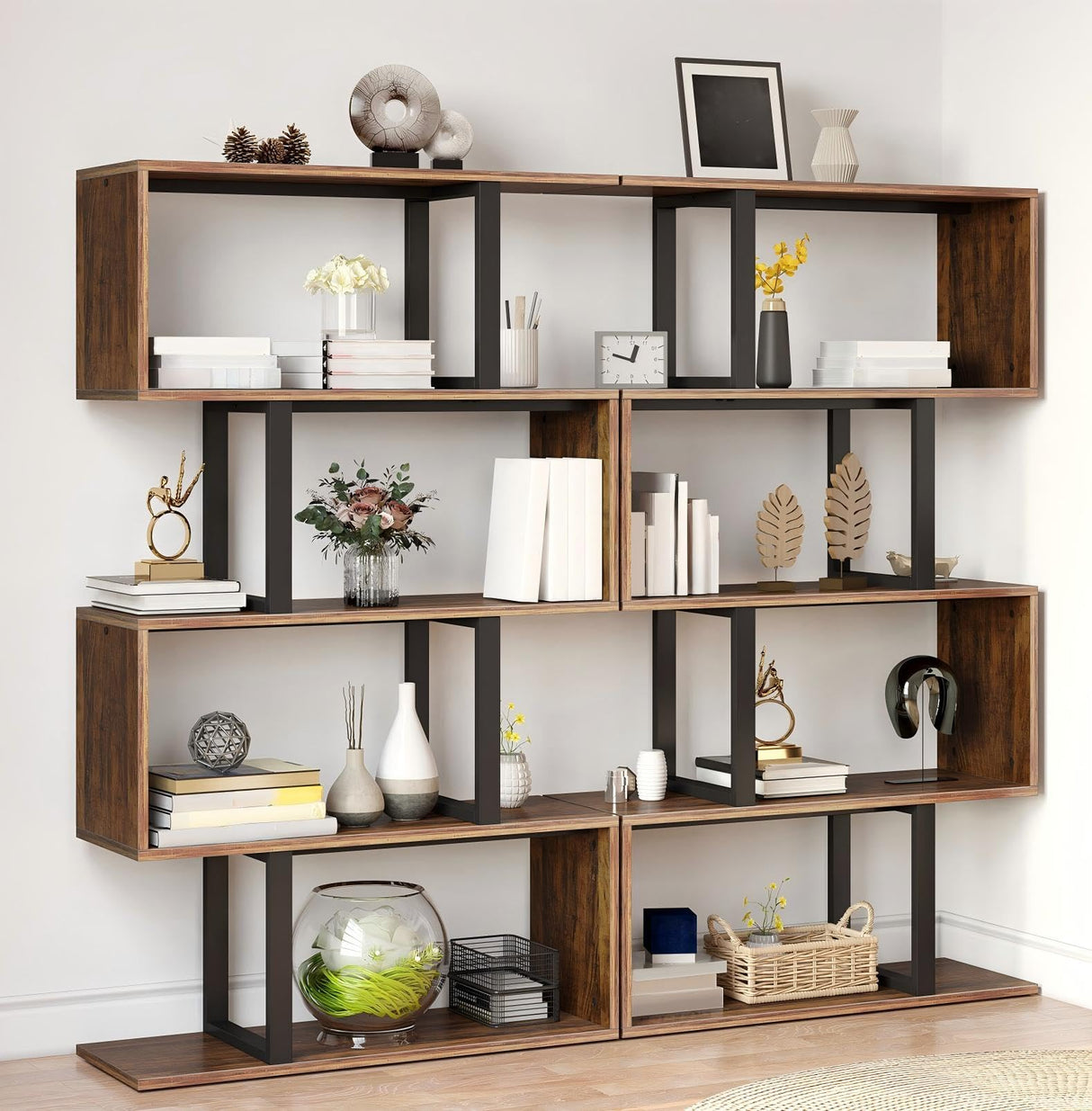 DWVO Geometric Bookshelf, 5-Tier Bookshelf S-Shaped Bookshelves, Industrial Geometric Bookcase Freestanding Multifunctional Storage Shelving for Living Room Home Office, Retro Brown DWVO