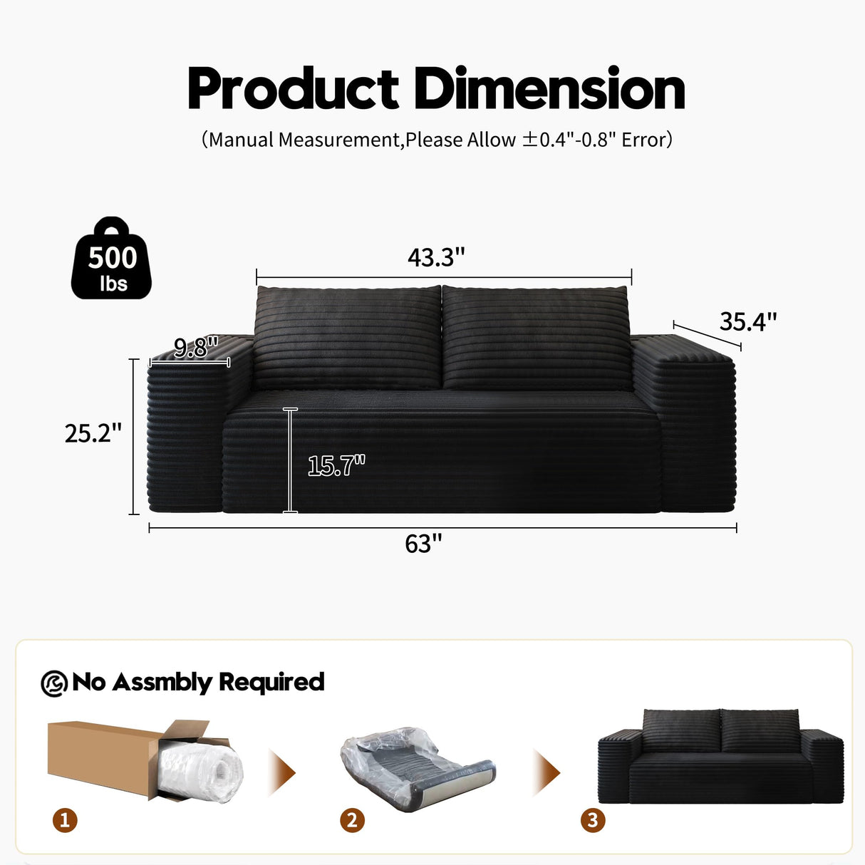 63" Loveseat Sofa,Modular Couch with Deep Seat Memory Foam,Comfy Small Cloud Couch for Small Spaces,No Assembly Required Sofa for Living Room Bedroom,Apartment,Black Settab