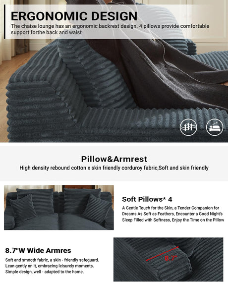80 Inch Double Chaise Lounge Chair Indoor, Oversized Sectional Corduroy Upholstered Boneless Sofa Bed, Deep Seat Sleeper Loveseat Reading Chairs, Cloud Sofas Couches, No Assembly Required (Dark Grey) HANXIN
