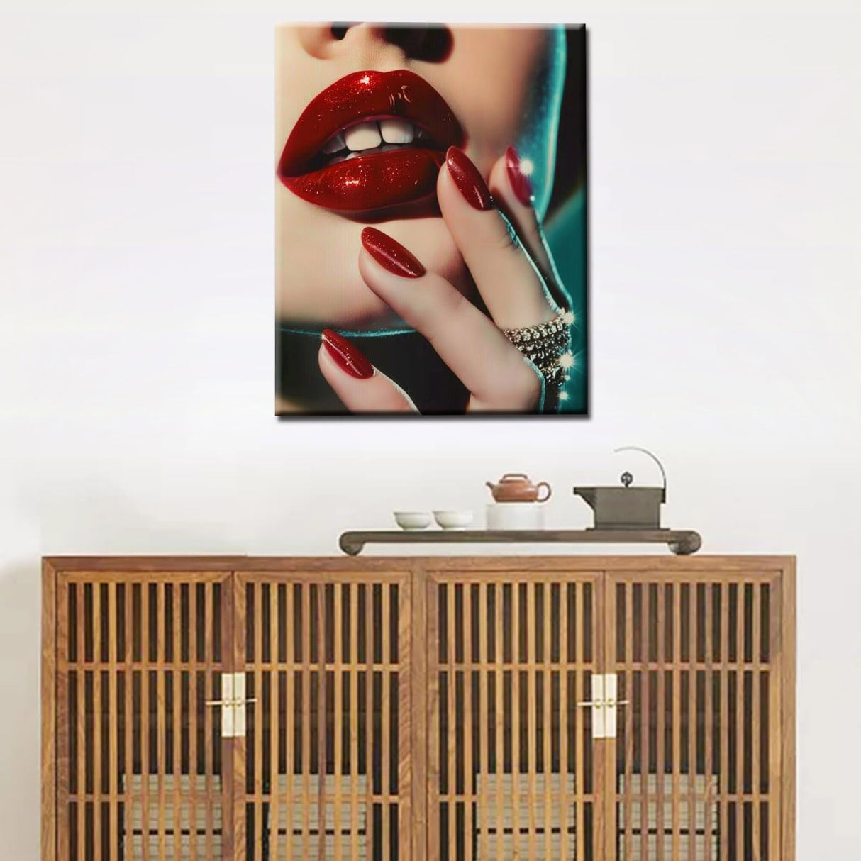 Fashion Woman Paint By Numbers for Adults Beginner Sexy Girl with Red Lip and Red Nail DIY Paintwork Acrylic Canvas Bedroom Decor Female Painting Kits Craft 16x20 Inch House Decor Gift（DIY Frame ） Tucocoo