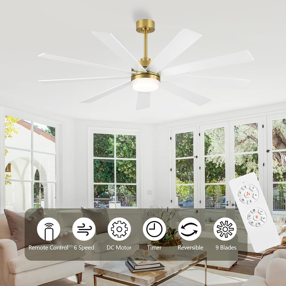 LEDLUX 72" DC Motor Ceiling Fan with Light, 6-Speed Remote Control, Reversible Motor, Modern 9 Blades Ceiling Fan 4.5"/12"/24" Downrods for Home or Commercial, Living Room/Restaurant White/Gold LEDLUX