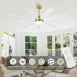 LEDLUX 72" DC Motor Ceiling Fan with Light, 6-Speed Remote Control, Reversible Motor, Modern 9 Blades Ceiling Fan 4.5"/12"/24" Downrods for Home or Commercial, Living Room/Restaurant White/Gold LEDLUX