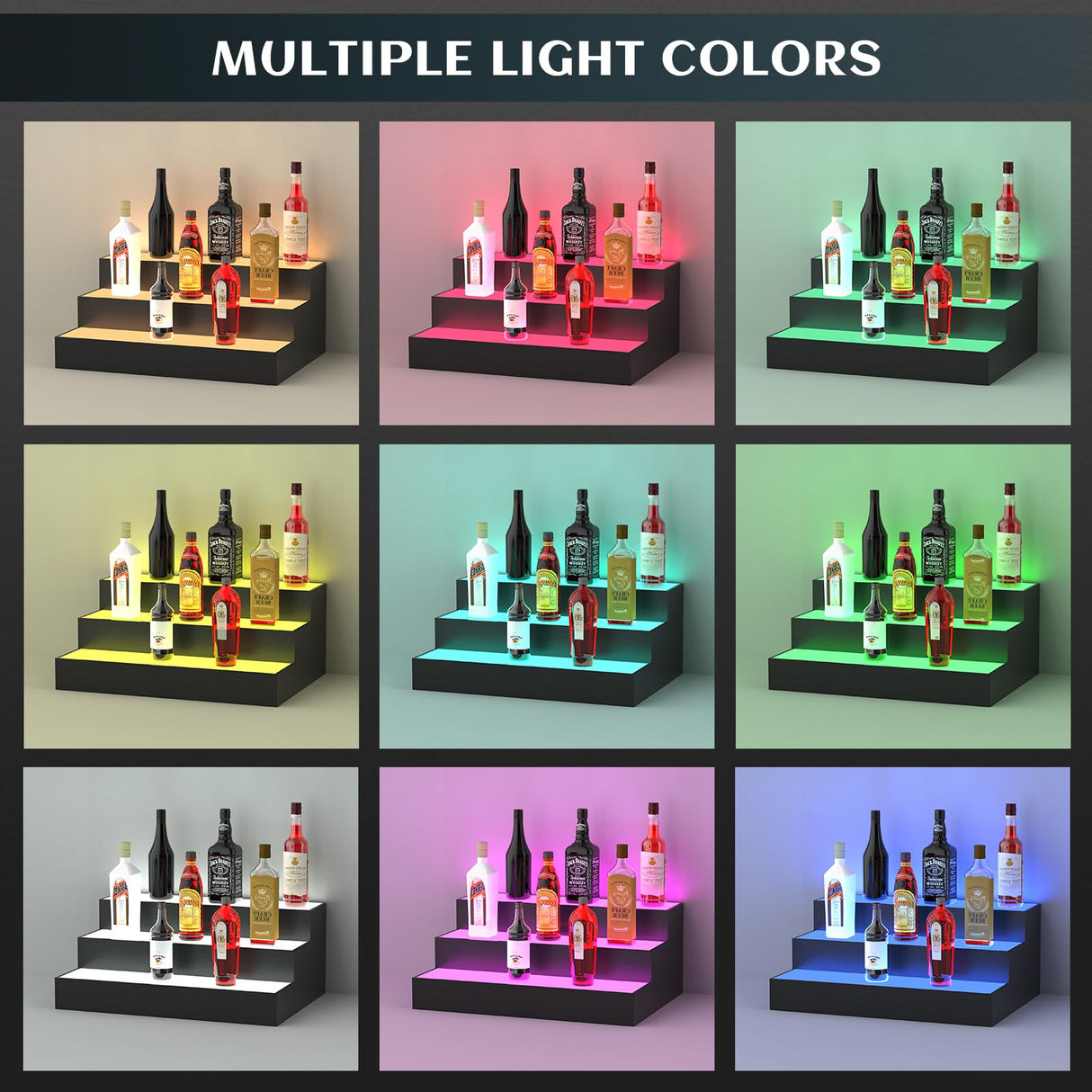 upcessory LED Lighted Liquor Bottle Display Shelf, 3 Tier 16 Inch Alcohol Whiskey Wood Rack Stand Tray for Home Bar Living Room Accessories and Decor, Bourbon Shelf for 12 Bottles upcessory