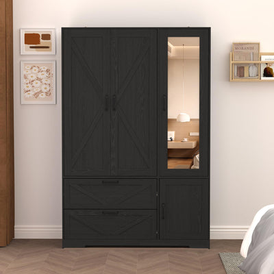 Hosnnile 72'' Armoire Wardrobe Closet with Mirror Door & Light, Farmhouse Bedroom Clothes Cabinet with 4 Doorrs + Hanging Rod + 2 Drawers, Wooden Wardrobe Cabinet with Adjustable Shelf for Bedroom