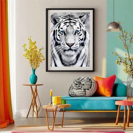 Amz Camel Diamond Painting Kit, 30x40cm White Tiger Portrait Wildlife Art, Round Drill DIY Craft for Adults, Majestic Animal Decor Gift Amz Camel