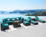 NICESOUL 11-Piece Patio Furniture with Chaise Lounge, Modern Wicker Outdoor Sectional with Fire Pit, Comfortable 29.3'' High-Back Conversation Seating, Heavy Duty All-Weather Couch Set, Grey & Teal NICESOUL