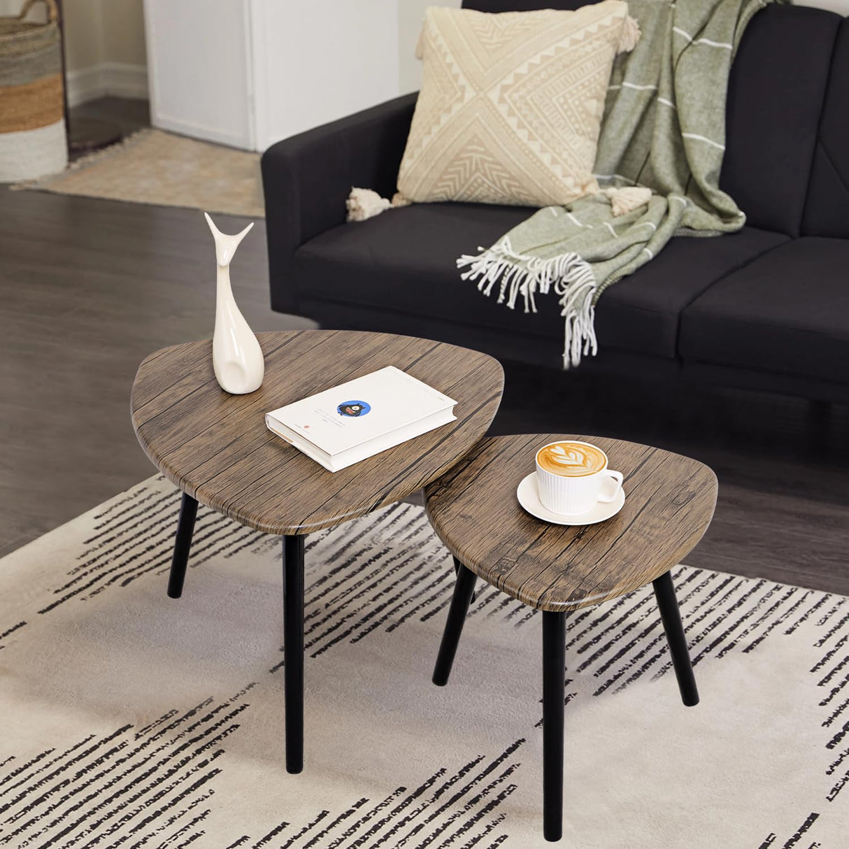 Small Nesting Coffee Table Set of 2 Modern Minimalist Wooden Side Table with Wood Frame for Couch Bedroom Apartment, Light Brown FEUFOAM