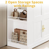 LIKIMIO Armoire Wardrobe Closet with Mirror, 70” Wooden Wardrobe Cabinet with 4 Doors, 2 Open Storage Shelves, Freestanding Bedroom Armoire with 3 Hooks & Hanging Rod for Home Room, White LIKIMIO