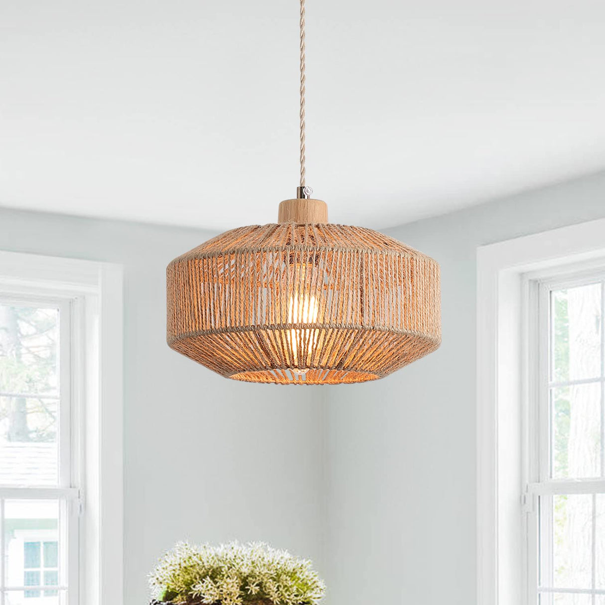 Hchunqjor Coastal Woven Pendant Light Fixture One-Light Adjustable Natural Hemp Rope Cage Pendant Lighting for Kitchen Island Sink Farmhouse Dining Room Hchunqjor