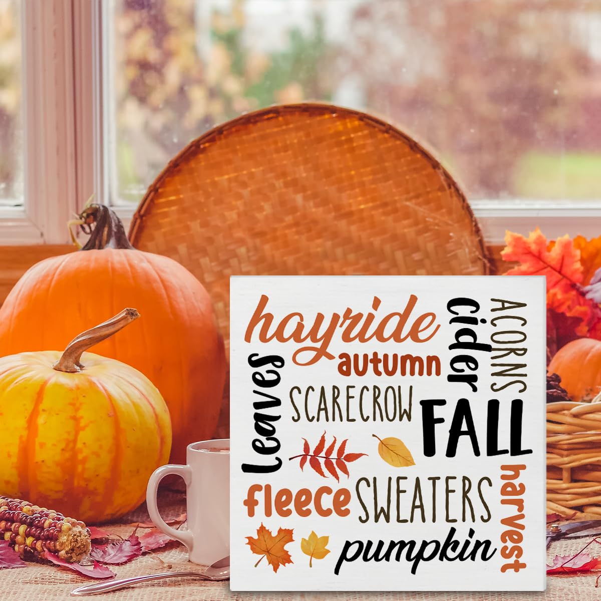 Fall Sign Autumn Wooden Sign Fall Farmhouse Home Decor for Desk Table Shelf Tabletop, 5 x 5 Inches brayqu