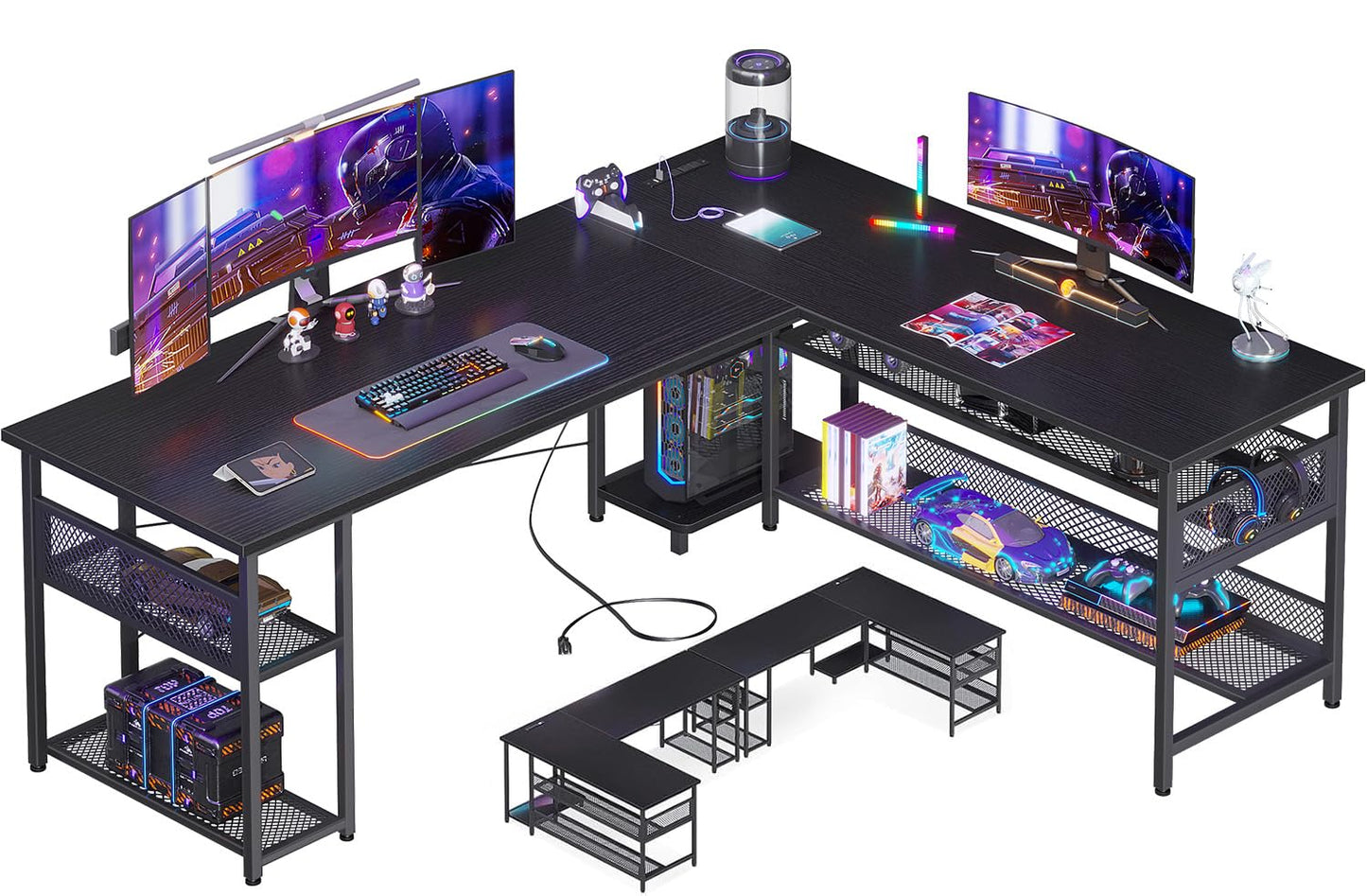 ODK 66" L Shaped Desk with Power Outlet and USB Charging Ports, Reversible L Shaped Computer Desk with Storage Shelves, Home Office Desk, Gaming Desk, Corner Desk, Black