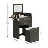 Herture 3 in 1 Vanity Desk with Flip Top Mirror, LED Lights, Side Cabinet,Collapsible Desk Panel, Hidden Stool with Storage, Small Makeup Vanity Table with Power Outlets, Compact Vanity, Black PT01DTB Herture