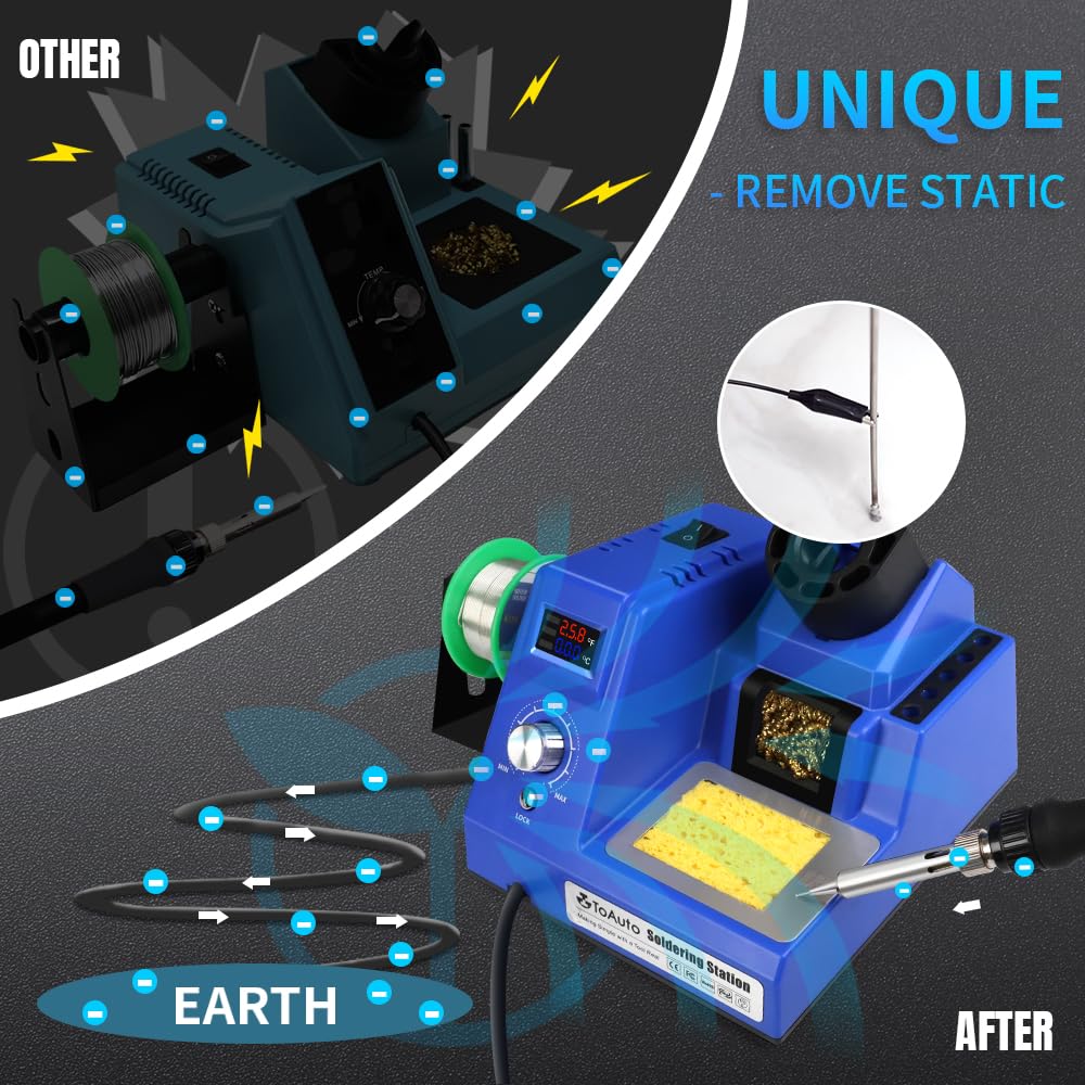TOAUTO DS90 Soldering Station-°F & °C Dual Digital Display Soldering Iron Station Kit,90W Soldering Iron,302℉- 842℉ Temperature, Anti-Static & Grounding Wire, Auto Standby & Sleep,5 Solder Tips, Blue TOAUTO