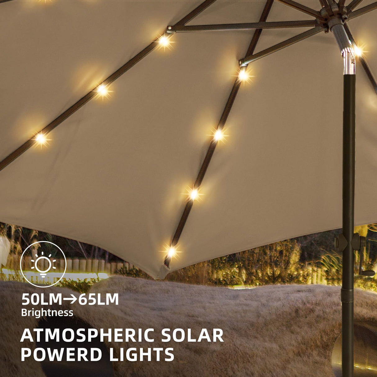 wikiwiki 10FT Solar Led Patio Umbrella with Base, Sturdy Outdoor Market Umbrella for Deck, Pool, Garden w/Tilt, Crank, 32 LED Lights, Tan wikiwiki