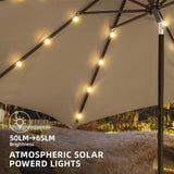 wikiwiki 10FT Solar Led Patio Umbrella with Base, Sturdy Outdoor Market Umbrella for Deck, Pool, Garden w/Tilt, Crank, 32 LED Lights, Tan wikiwiki