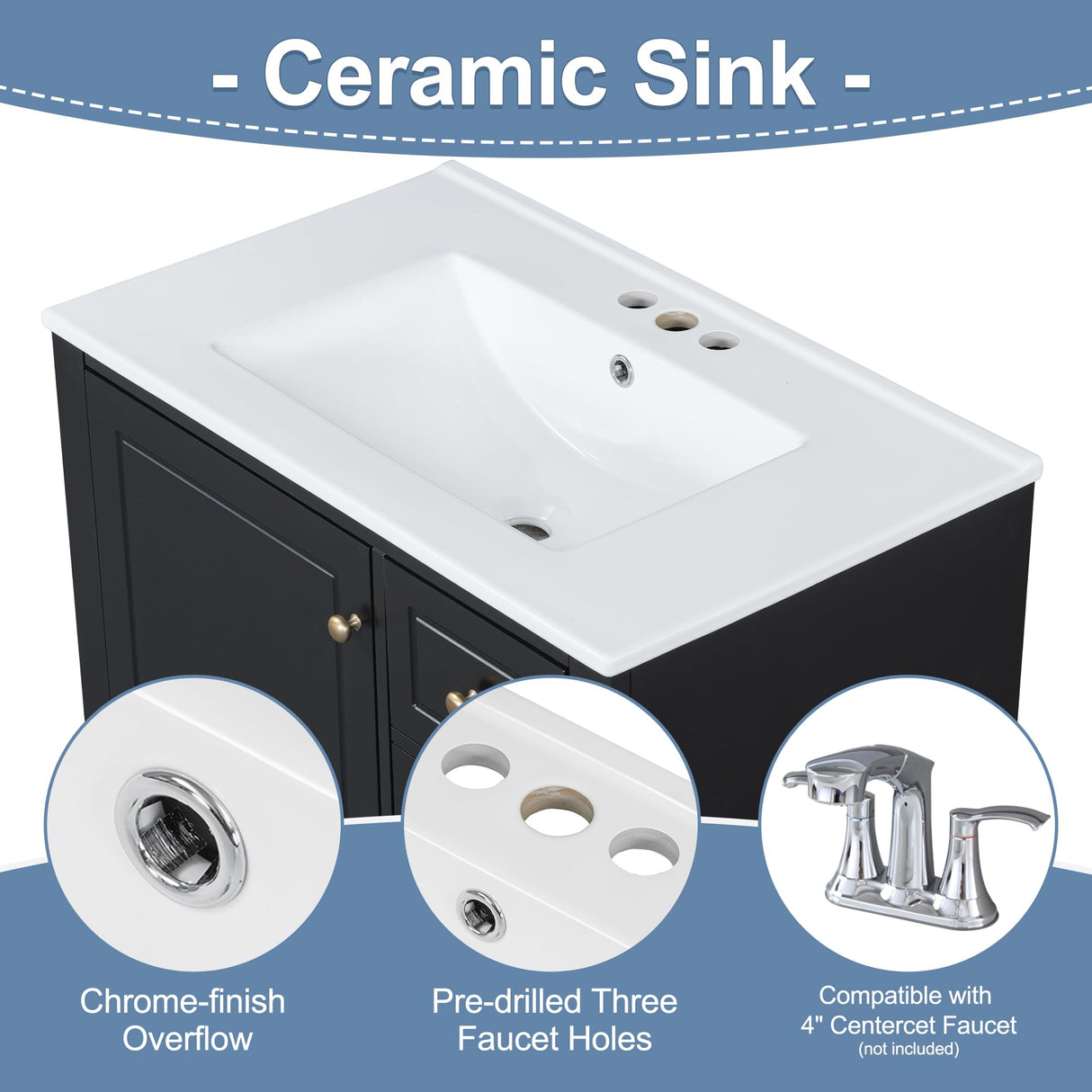 30" Bathroom Vanities with Ceramic Sink, Storage Cabinet with 3 Drawers and Door Shelf, Soft-Closing Door, Solid Wood Legs, Black Merax