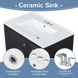 30" Bathroom Vanities with Ceramic Sink, Storage Cabinet with 3 Drawers and Door Shelf, Soft-Closing Door, Solid Wood Legs, Black Merax