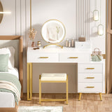 White Vanity Desk with Mirror and Lights, Modern Makeup Vanity Table Set with 6 Storage Drawers and Cushioned Stool for Bedroom, Dressing Table with Divided Organizers for Women Girls, White armocity