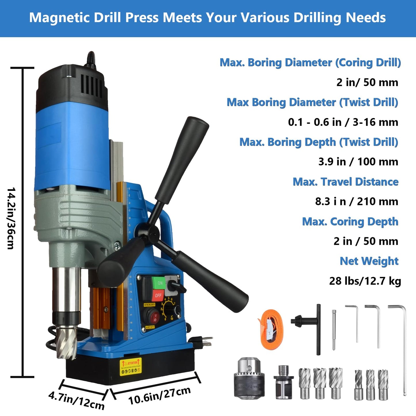 Curtainboro Mag Drill Press, 1400/1300W, 1.57/2" Boring Diameter, 2922lbf Power, Magnetic Drill with 810 PRM, 11/6Pcs Drill Bits, Mag Drill for Metal Surface and Home Improvement 6-Piece - WoodArtSupply