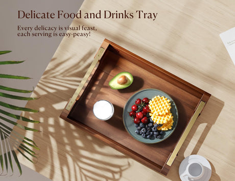 Dofira Acacia Wood Serving Tray with Metal Handles, 17x13in Large Ottoman Tray, Food Drinks Tray for Coffee Table, Breakfast, Dinner & Bar, Rustic Decorative Tray for Kitchen, Bedroom (Gift Box) Dofira
