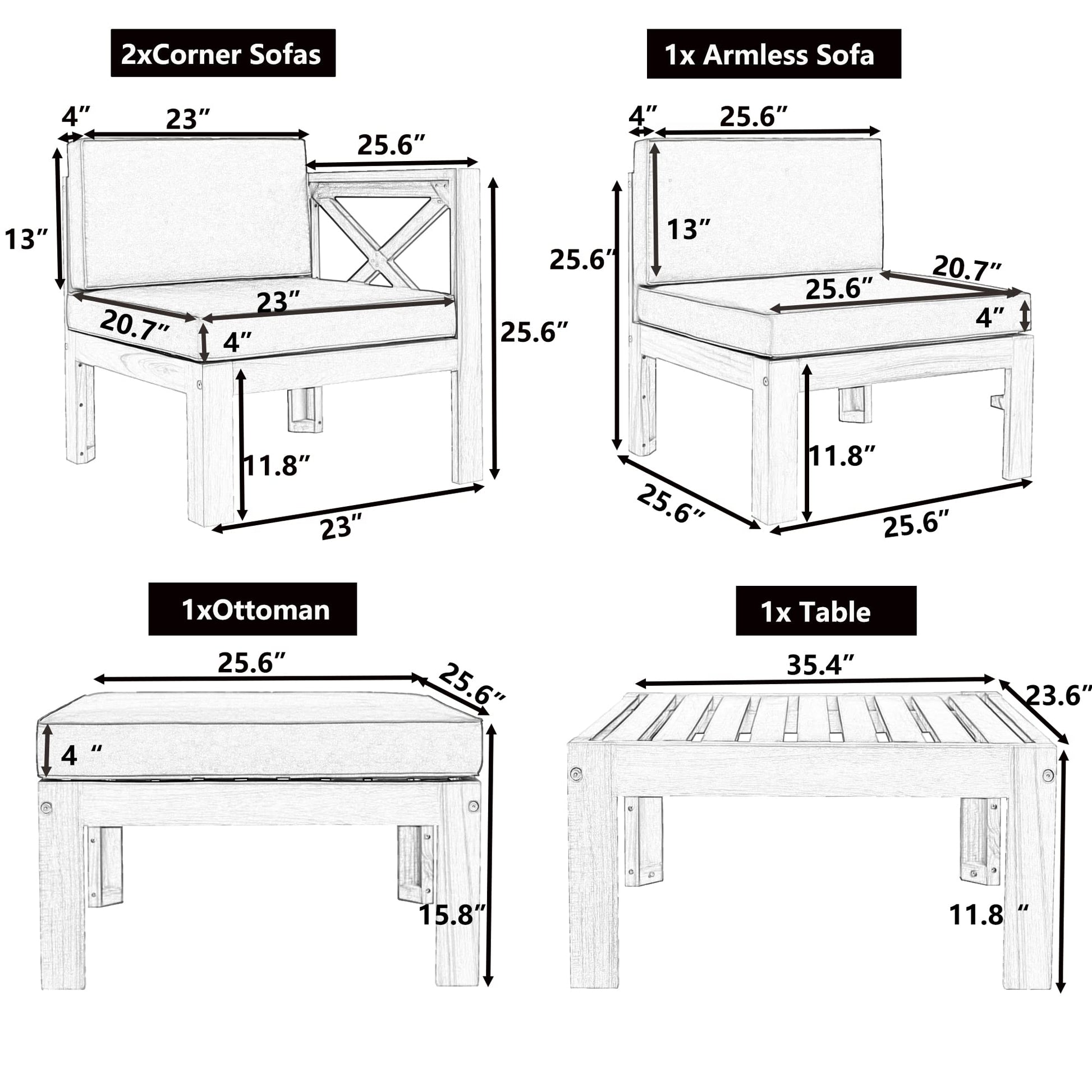 YSWH 5-Piece Patio Acacia Wood Outdoor Furniture Sectional Conversation Sets Sofa Set with Slatted Tabletop Tea Table and X-Back Wood Frame, Removable Cushions - WoodArtSupply